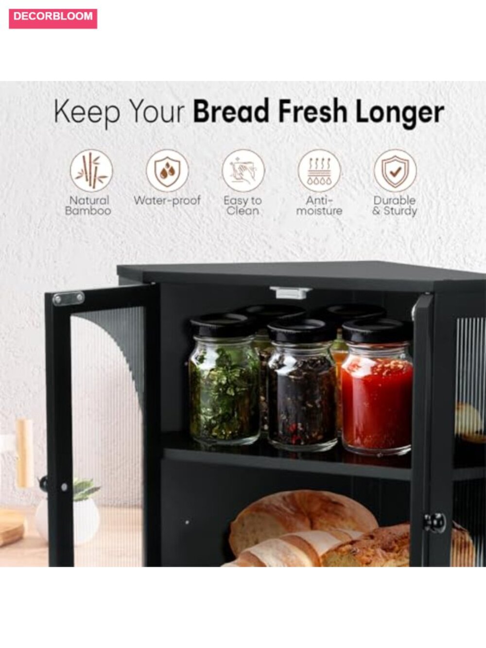 Natural Bamboo Double Layer Corner Bread Box with Adjustable Shelf and Magnetic - Picture 5 of 6